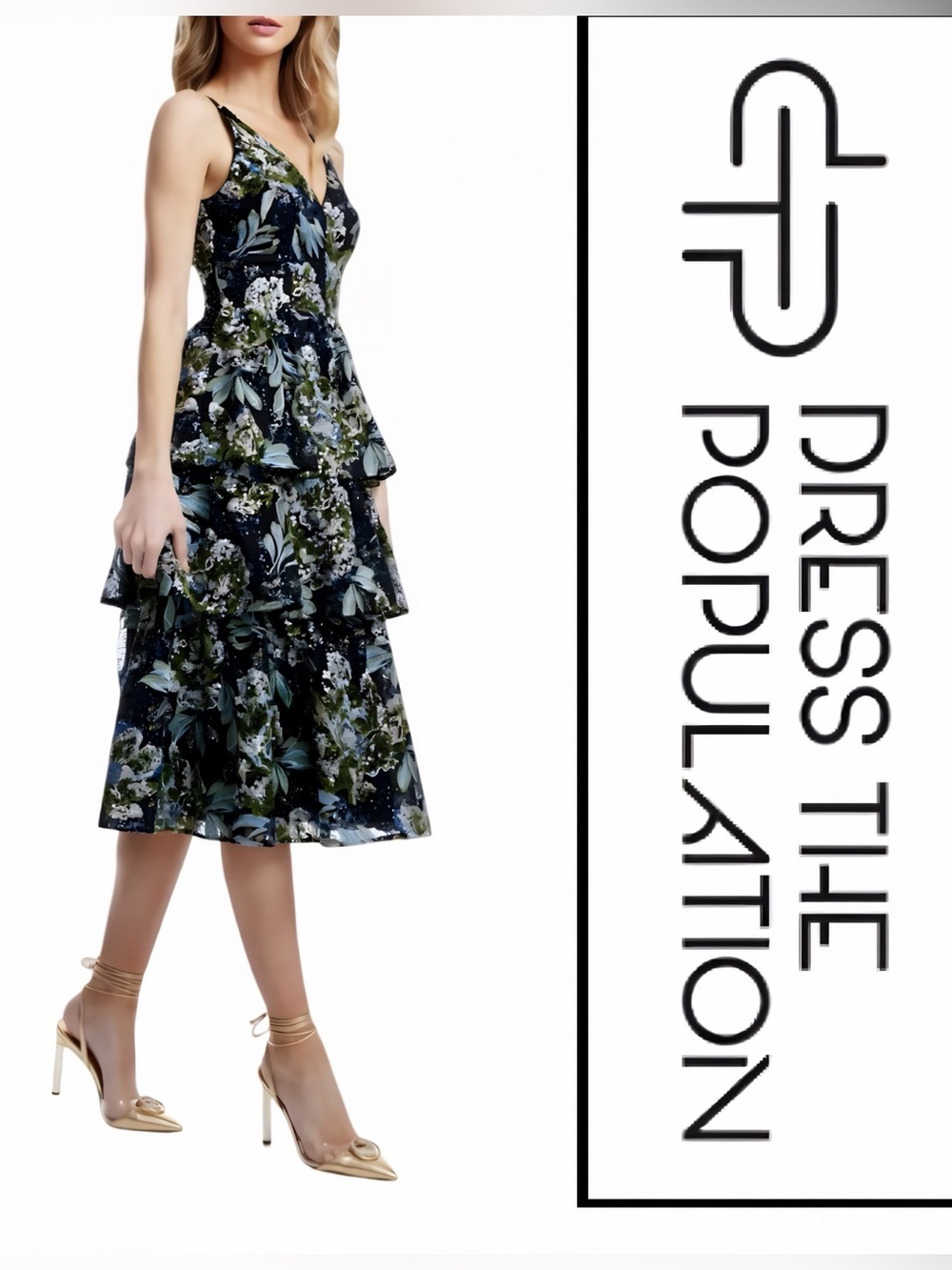 NWOT Dress the Population Lorelai Sequin Floral Tiered Cocktail Dress Size Small